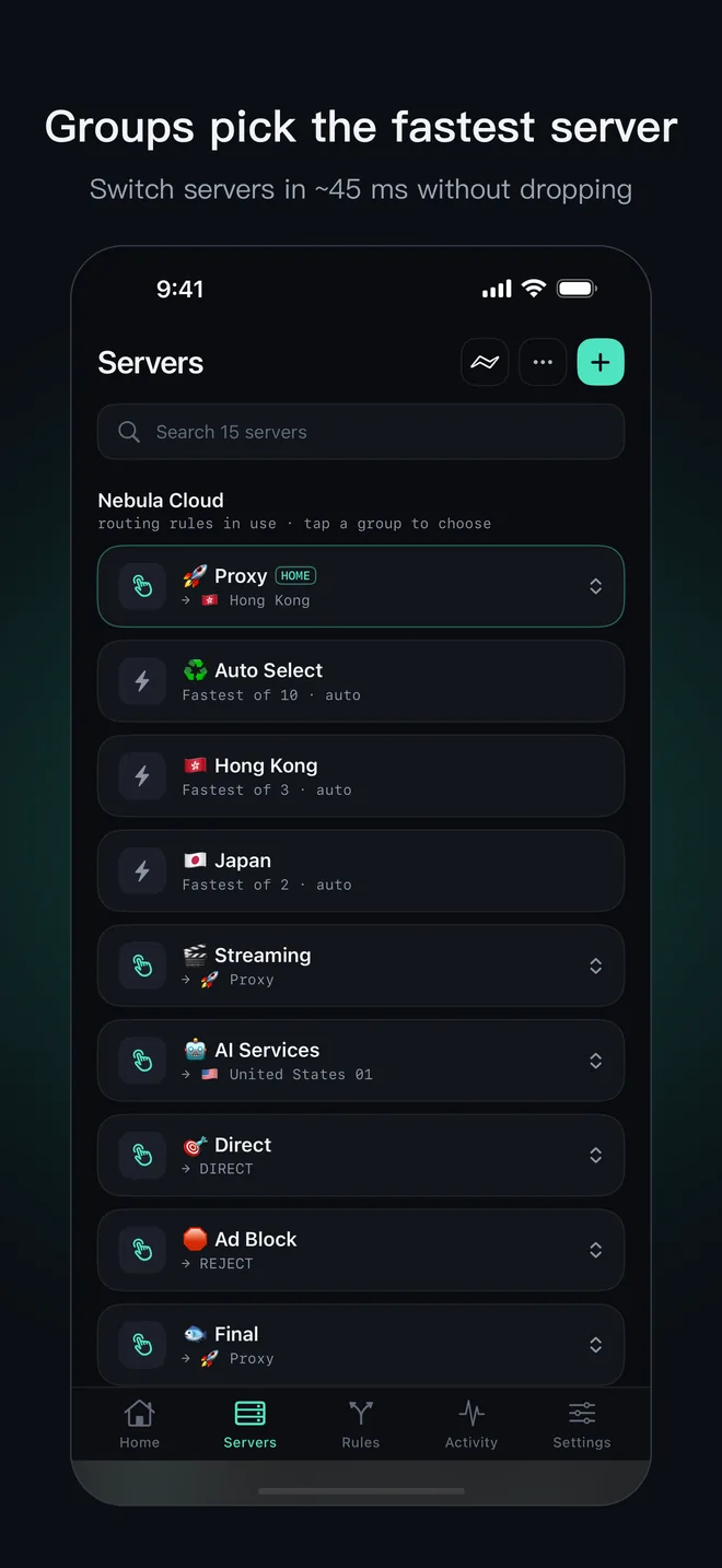 Koihop screenshot: Groups pick the fastest server